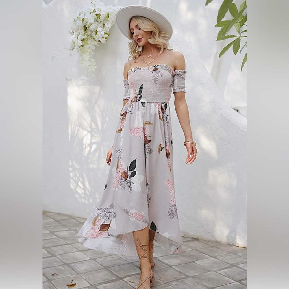 Gray floral off shoulder chiffon dress